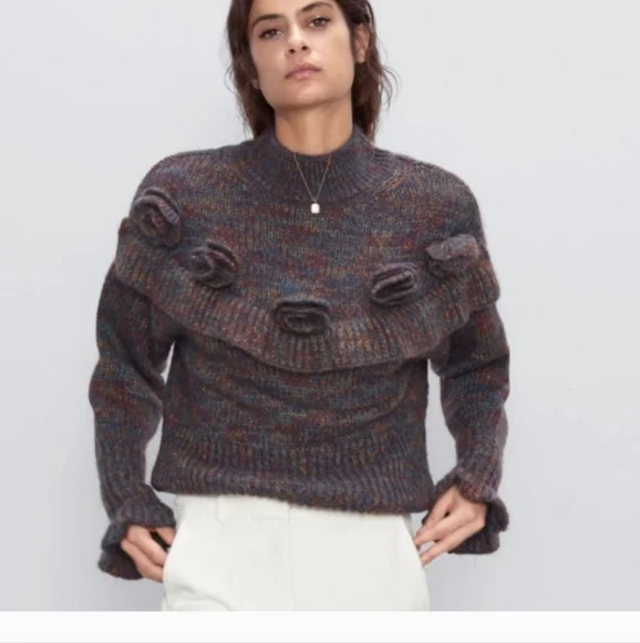 Zara Multicolor Cowl Neck Sweater with Ruffle Detailing - Picture 1 of 5